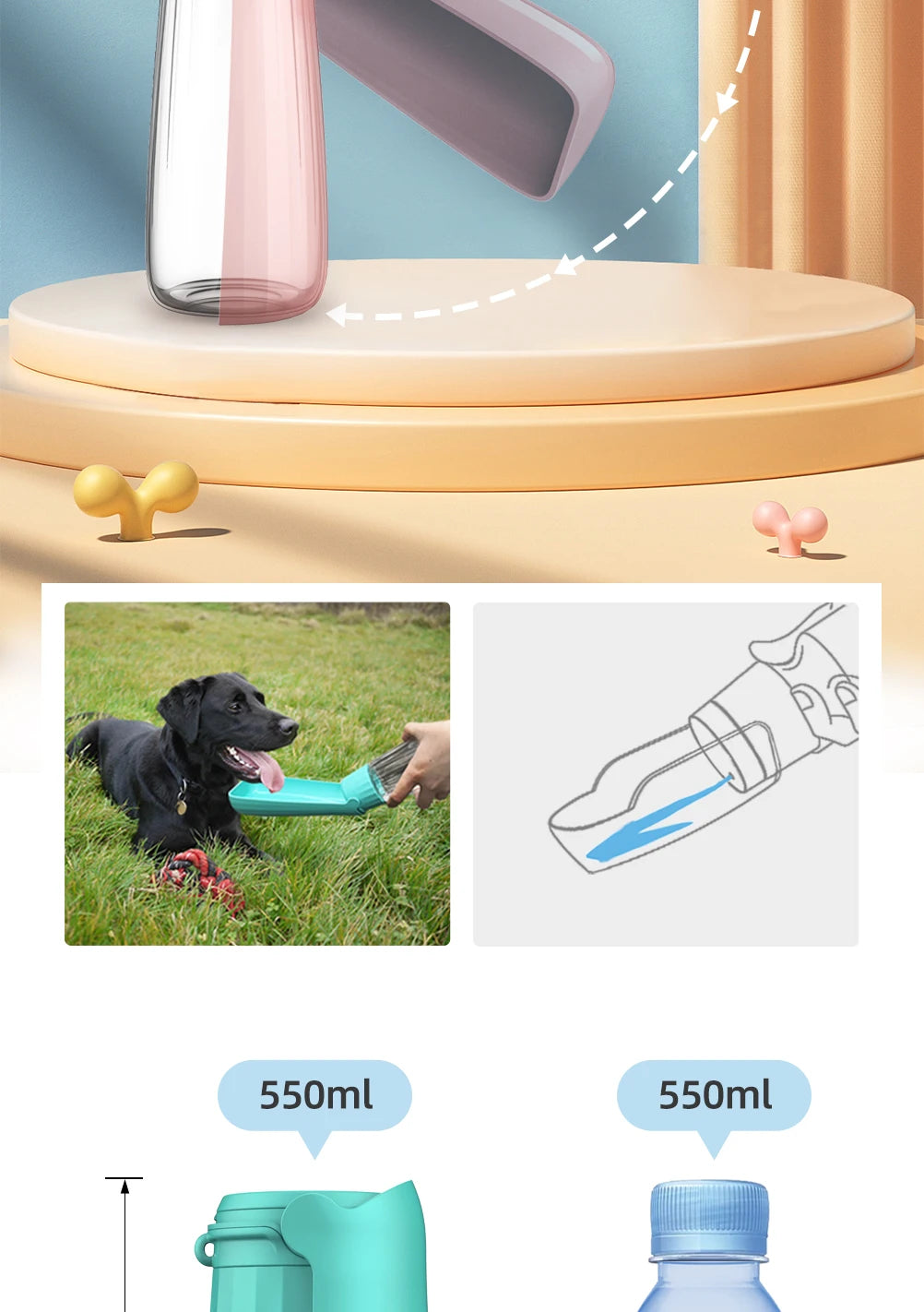 Portable Dog Water Bottle with Foldable Drinking Bowl – Leakproof Travel Dispenser for Small & Large Dogs